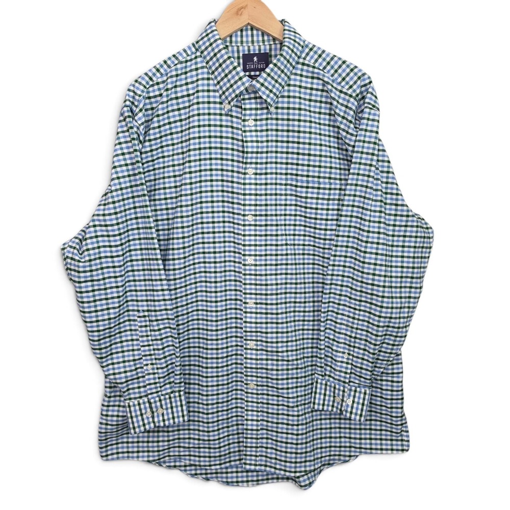 Stafford Dress Shirt Mens 18 34/35 Blue Check Regular Fit Travel‎ Oxford Button